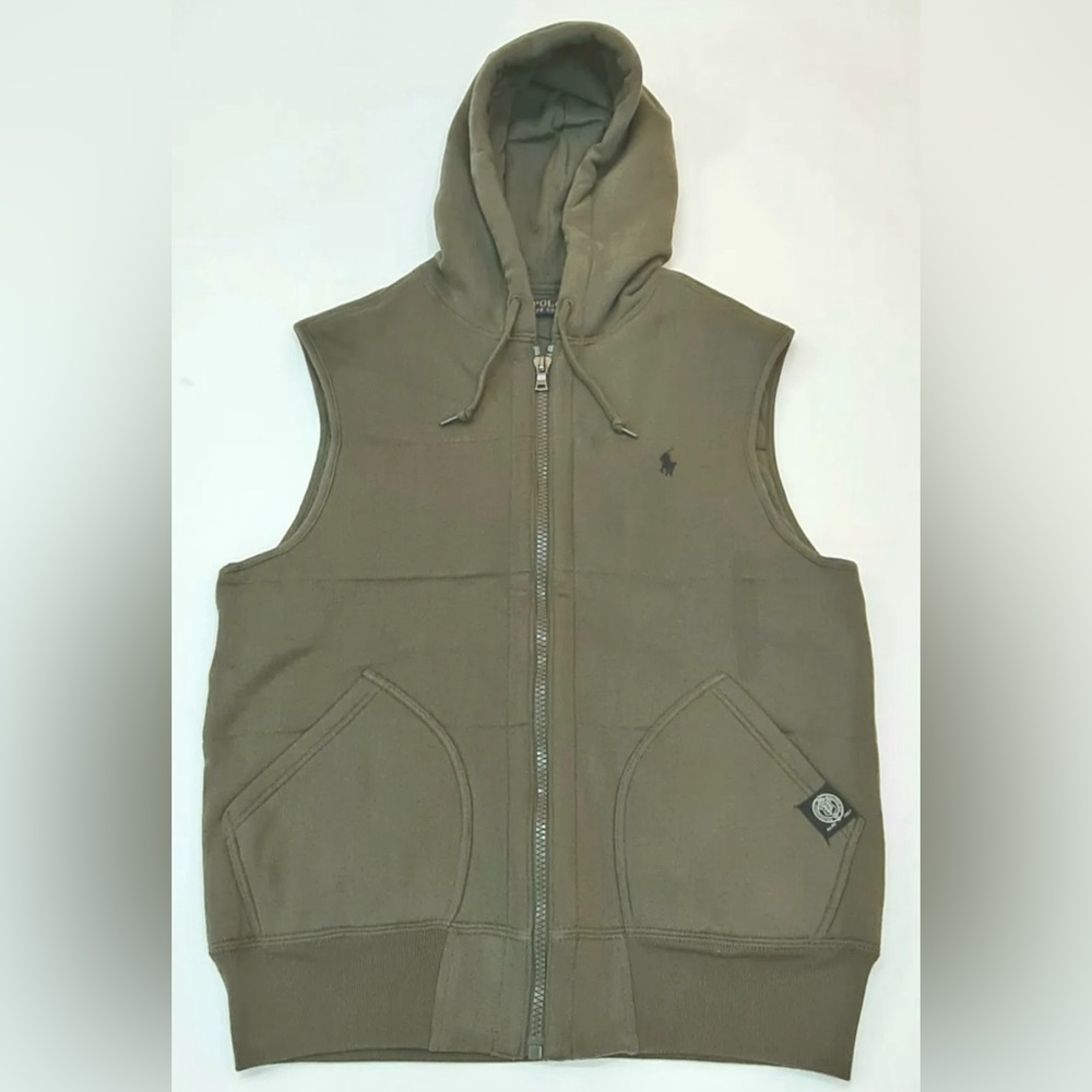 Polo Ralph Lauren Men Olive Green Quilted Hoodie Vest Zip Sweatshirt Black Pony